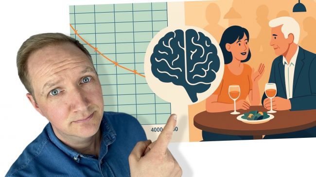 Maximilian Bauer zeigt mit seinem Finger auf ein Schaubild das ein Tonaudiogramm, ein Gehirn und ein Paar das sich unterhält zeigt.