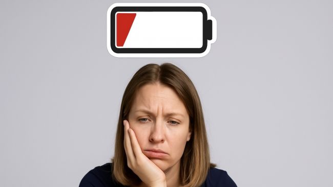 Frau stützt Kopf auf Hand, darüber Symbol einer fast leeren Batterie – Darstellung von Höranstrengung und Hörstress