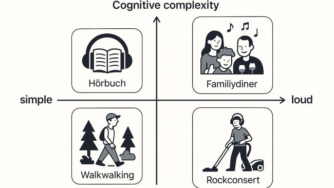 Vierfelder-Matrix zeigt verschiedene Alltagssituationen: Hörbuch, Familydinner, Walkwalking, Rockkonzert, mit Achsen für kognitive Komplexität und Lautstärke – Darstellung von Hörstress