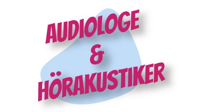 Grafische Darstellung der Worte Audiologe & Hörakustiker in pink auf blauem Hintergrund