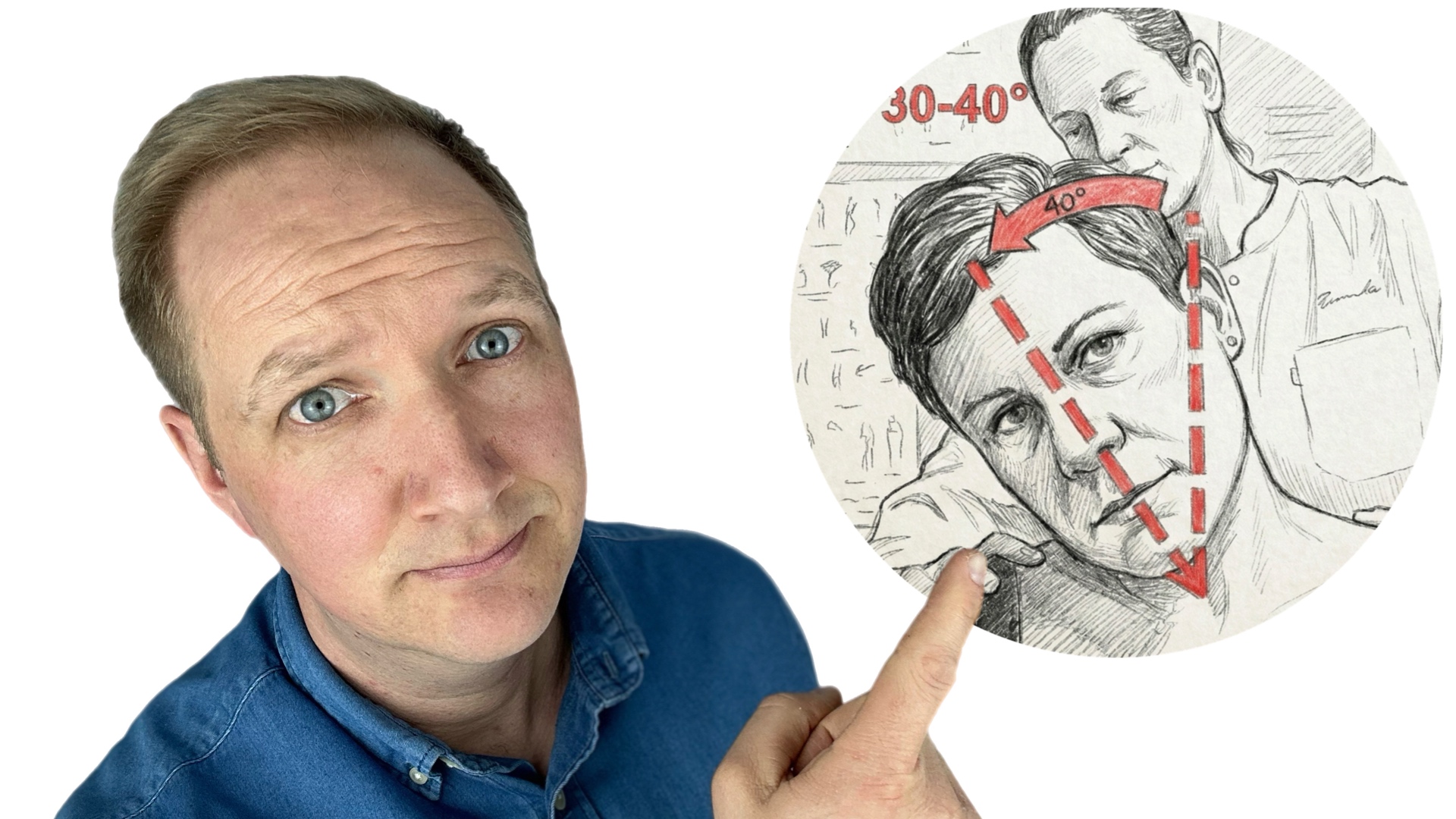 Mann zeigt auf ein Bild in dem ein Patient seinen Kopf zur Seite neigt