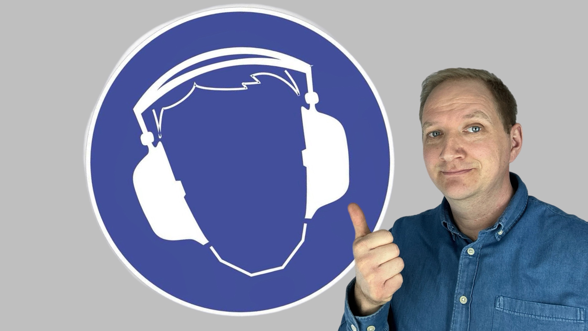 Symbolhafte Darstellung von Maximilian Bauer der ein Gehörschutz tragen Symbol neben sich hat um Gehörschäden abzubilden