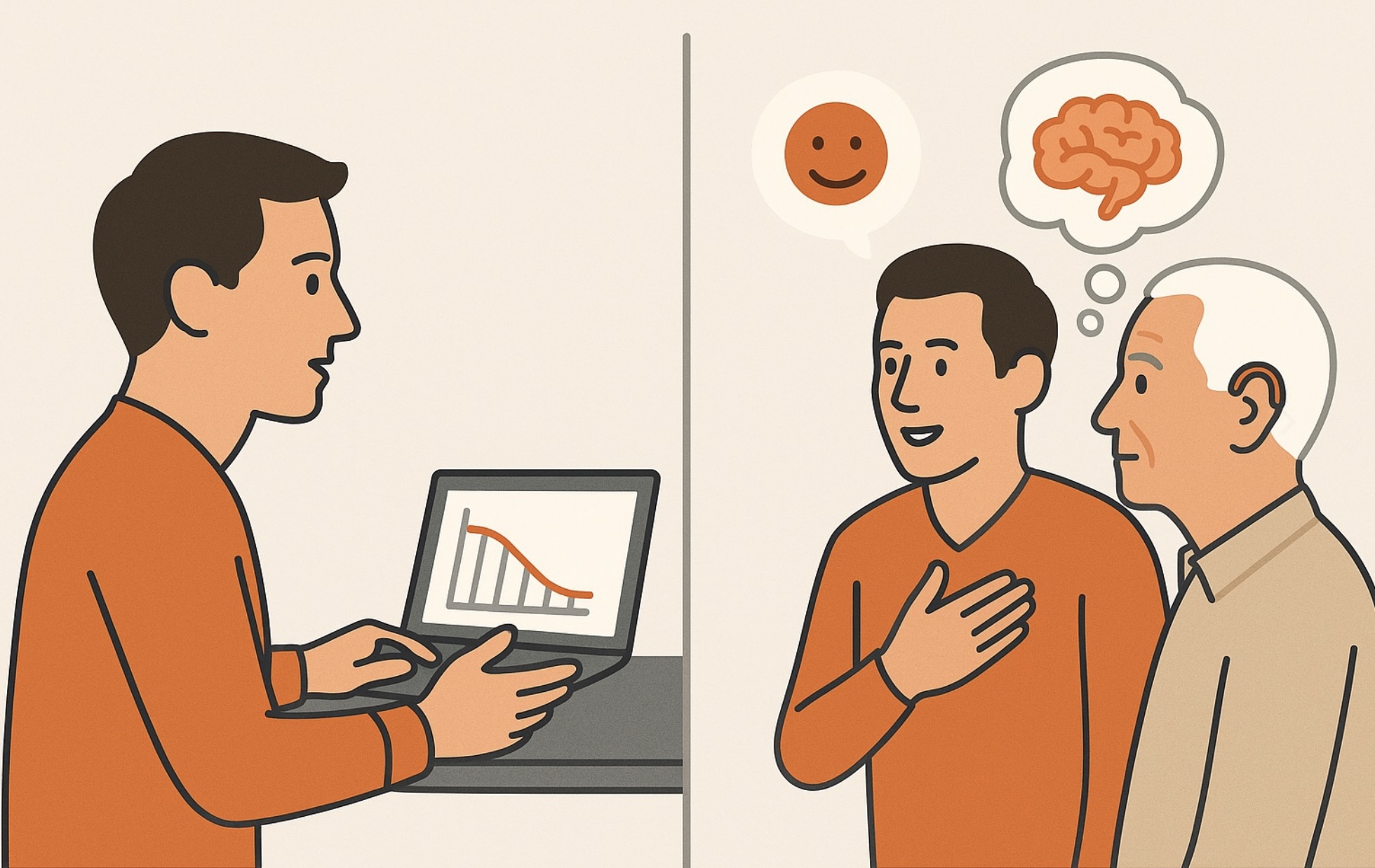 Zweiteilige Illustration: Links erklärt ein Akustiker am Laptop eine abfallende Hörkurve, rechts sprechen Patient und Begleiter über ihr Erleben – symbolisiert durch Smiley- und Gehirn-Sprechblasen.