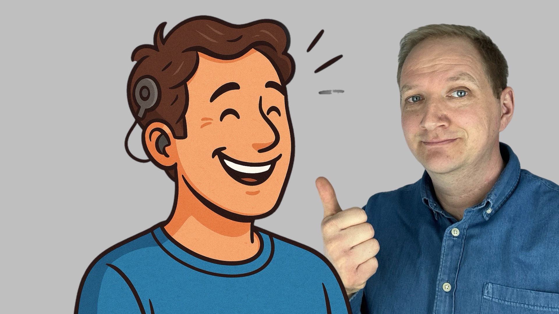 Glücklicher, comichafter Mann mit CI, dazu Maximilian Bauer der der den Daumen hebt