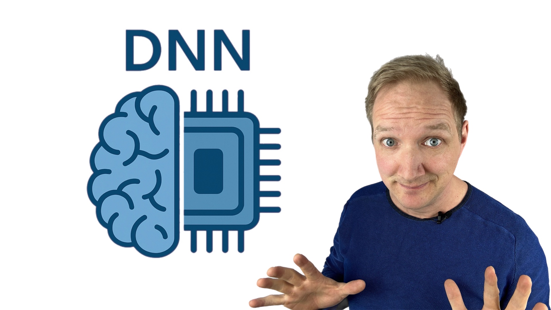 Man mit blauem Pullover neben einem Gehirn und Chipsymbol über dem DNN steht