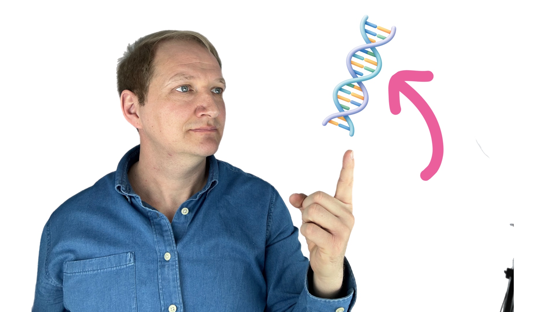 Man zeigt mit dem Finger auf Gen-Strang der symbolisch für genetisch bedingte Hörverluste steht