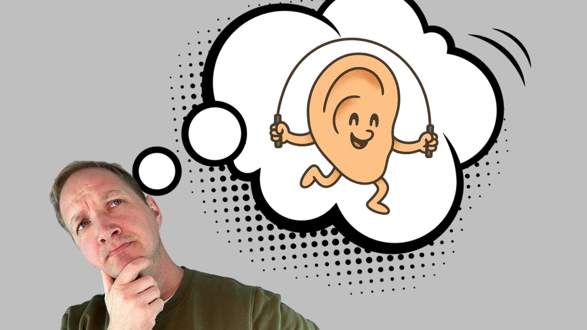 Ein Man überlegt ob ein Ohr mit einem Springseil trainieren könnte