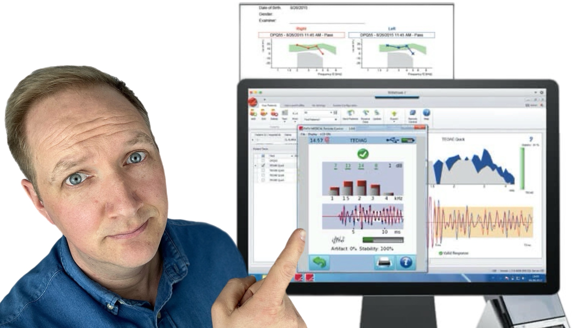 Mann zeigt auf Bildschirm mit TEOAEs und DPOAEs