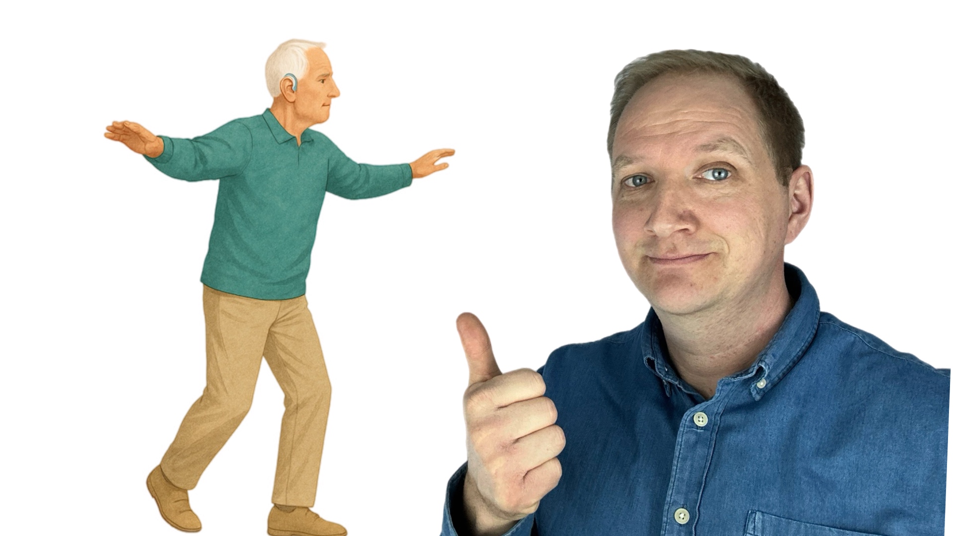 Man mit Daumen hoch. Älterer Mann mit Hörgeräten balanciert mit ausgestreckten Armen auf einem Balken – Symbol für das Zusammenspiel von Hören und Gleichgewicht