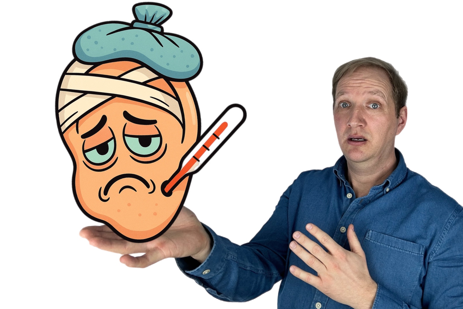 Ein Mann hält ein symbolisiertes, krankes Ohr in der Hand