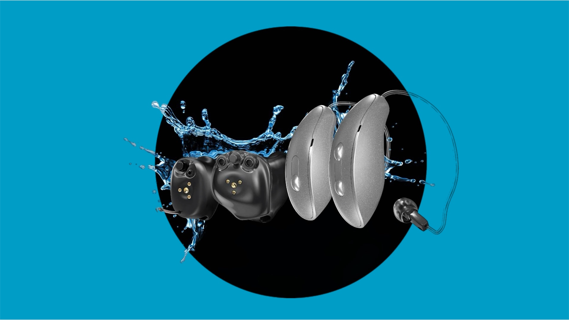 Starkey Edge AI Geräte CIC ITC RIC vor blauem Hintergrund