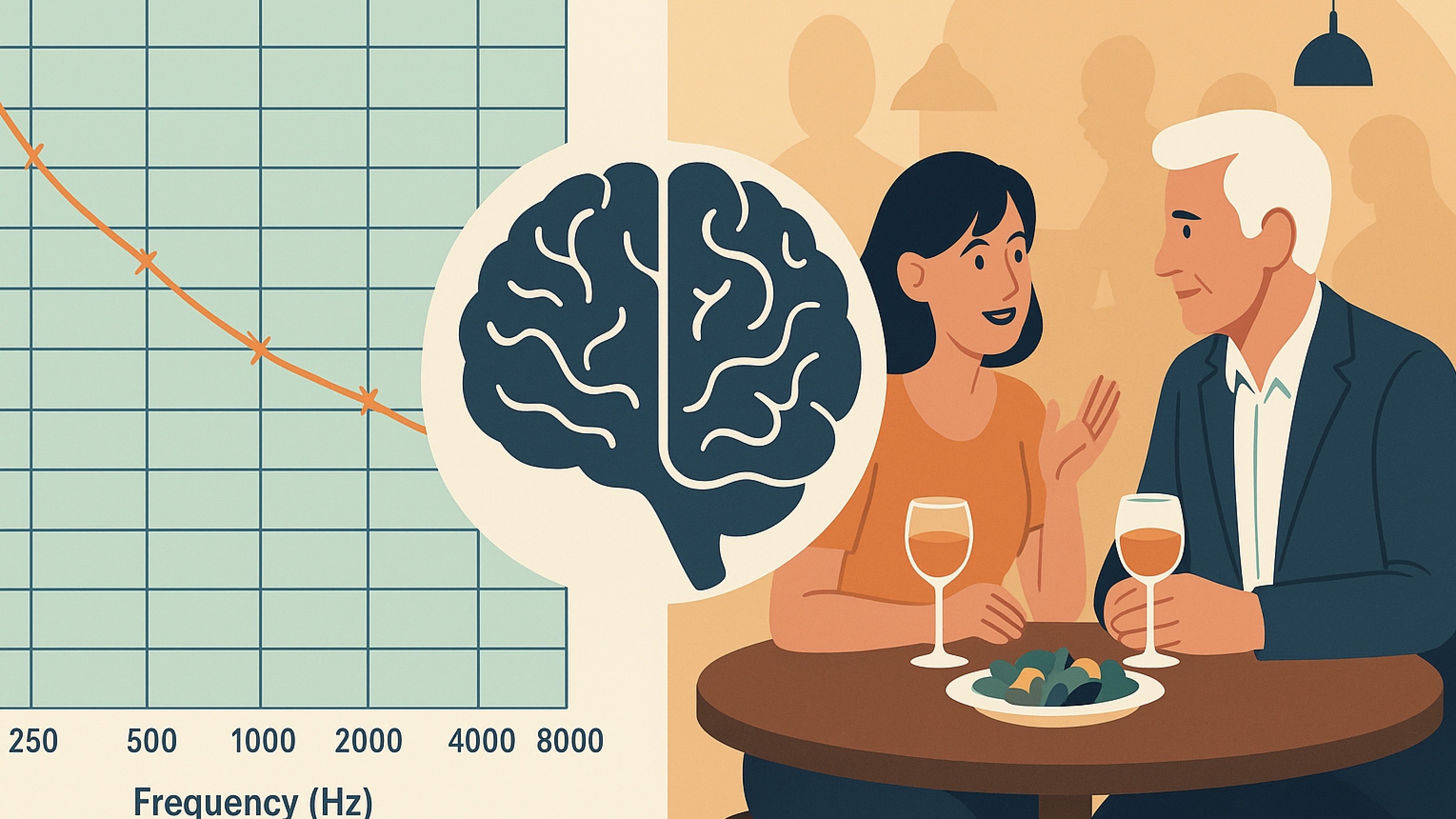 Symbolgrafik zur Hörgesundheit: Links ein klassisches Audiogramm, rechts ein Gespräch im Restaurant – dazwischen das Gehirn als zentrales Hörorgan. Veranschaulicht den Unterschied zwischen technischer Hörmessung und gelebtem Hören im Alltag