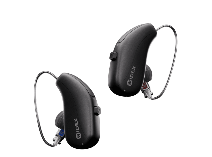 Widex Allure Hörgeräte in schwarz vor weissem Hintergrund