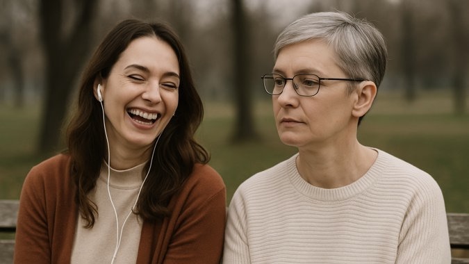 Das Bild zeigt zwei Frauen nebeneinander, die Musik hören. Während eine lächelt und offensichtlich emotional reagiert, wirkt die andere ruhig und unbewegt. Es symbolisiert die veränderte Gefühlswahrnehmung bei Hörverlust – auch wenn beide den gleichen Kla