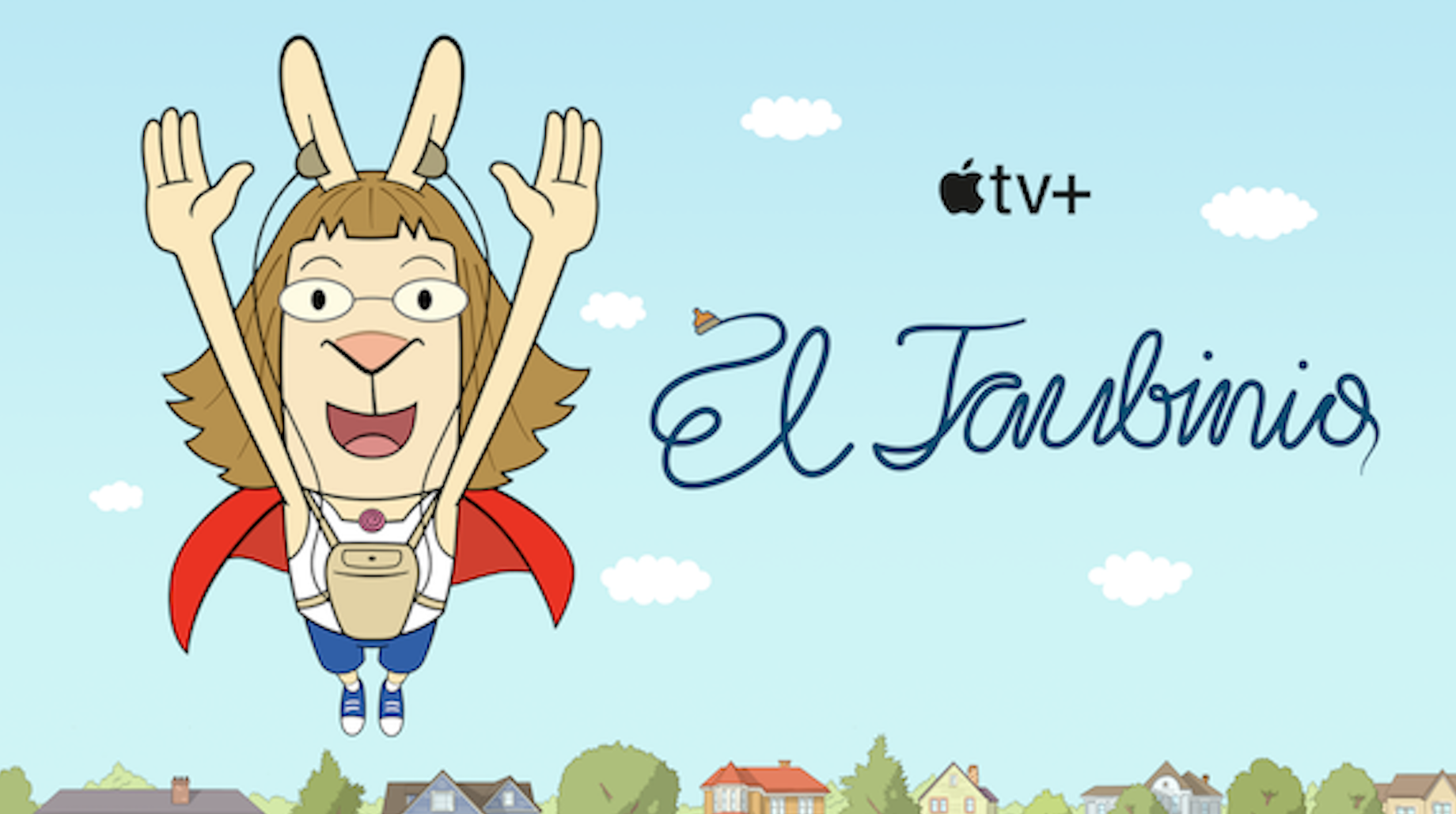 El Taubino Cartoon-Figur mit Hörgerät springt in die Luft, Hintergrund Himmel und Häuser, Logo Apple TV+
