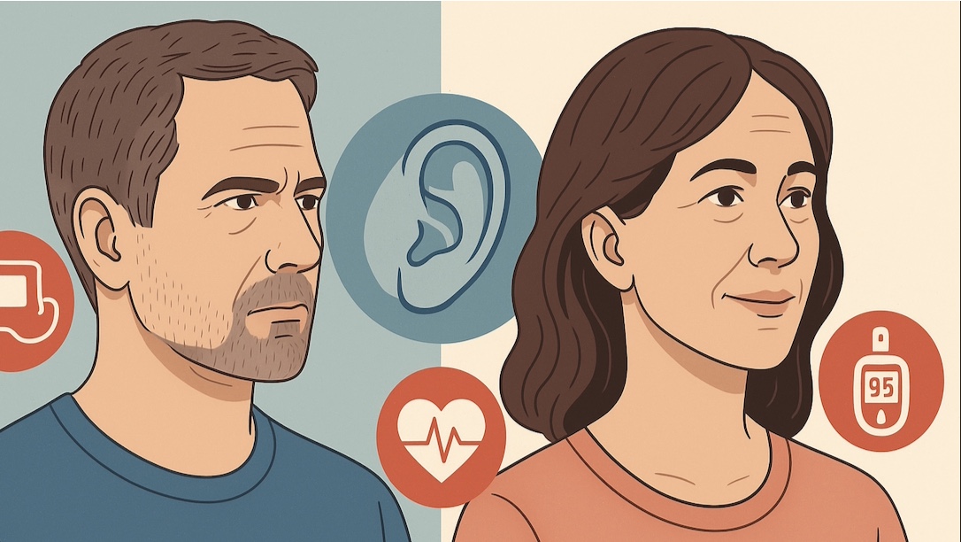 Illustration: Mann und Frau mit unterschiedlichen Gesundheitsrisiken, die Hörverlust beeinflussen – Herz, Blutdruck und Diabetes im Fokus.